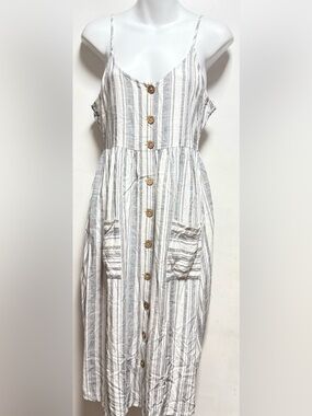 Roxy White and Light Gray Striped Button-Front Sundress